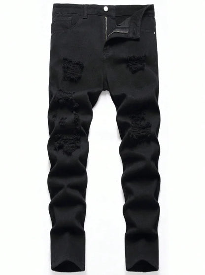Slim Fit Denim Pants - Men's Black Perforated Button Fly Jeans, Midweight - ZOOMNSTORE