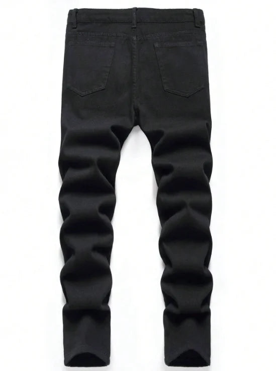 Slim Fit Denim Pants - Men's Black Perforated Button Fly Jeans, Midweight - ZOOMNSTORE
