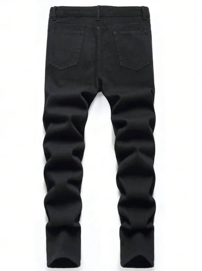 Slim Fit Denim Pants - Men's Black Perforated Button Fly Jeans, Midweight - ZOOMNSTORE