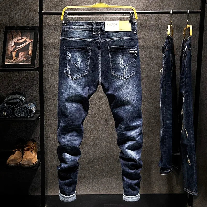 Mens Ripped Slim-Fit Denim Jeans - American Korean Style Cotton Pants - ZOOMNSTORE