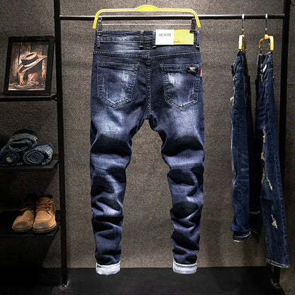 Mens Ripped Slim-Fit Denim Jeans - American Korean Style Cotton Pants - ZOOMNSTORE