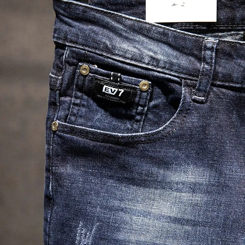 Mens Ripped Slim-Fit Denim Jeans - American Korean Style Cotton Pants - ZOOMNSTORE