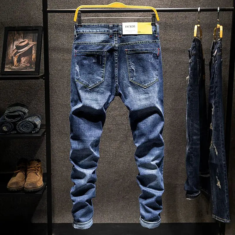 Mens Ripped Slim-Fit Denim Jeans - American Korean Style Cotton Pants - ZOOMNSTORE