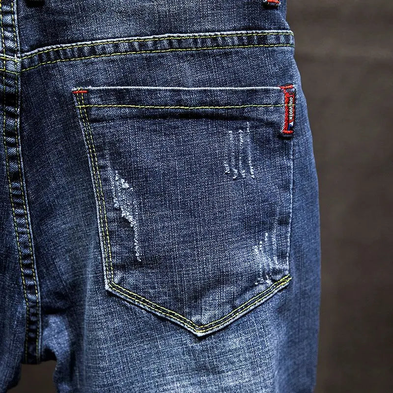 Mens Ripped Slim-Fit Denim Jeans - American Korean Style Cotton Pants - ZOOMNSTORE