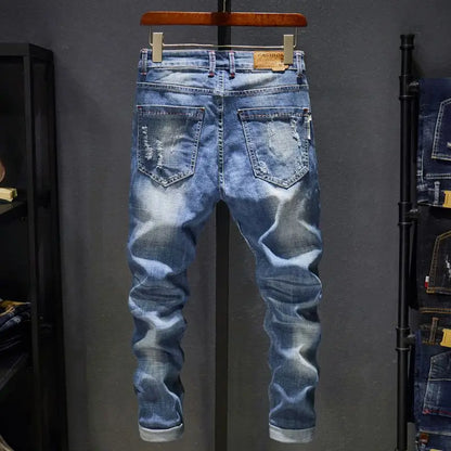 Mens Ripped Slim-Fit Denim Jeans - American Korean Style Cotton Pants - ZOOMNSTORE