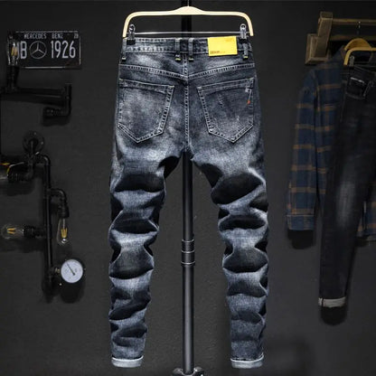 Mens Ripped Slim-Fit Denim Jeans - American Korean Style Cotton Pants - ZOOMNSTORE