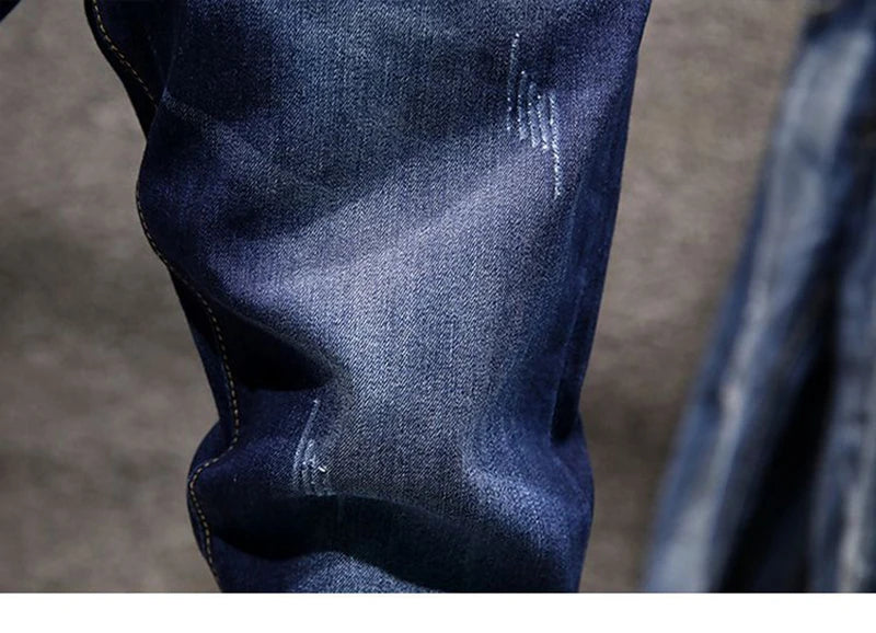 Mens Ripped Slim-Fit Denim Jeans - American Korean Style Cotton Pants - ZOOMNSTORE