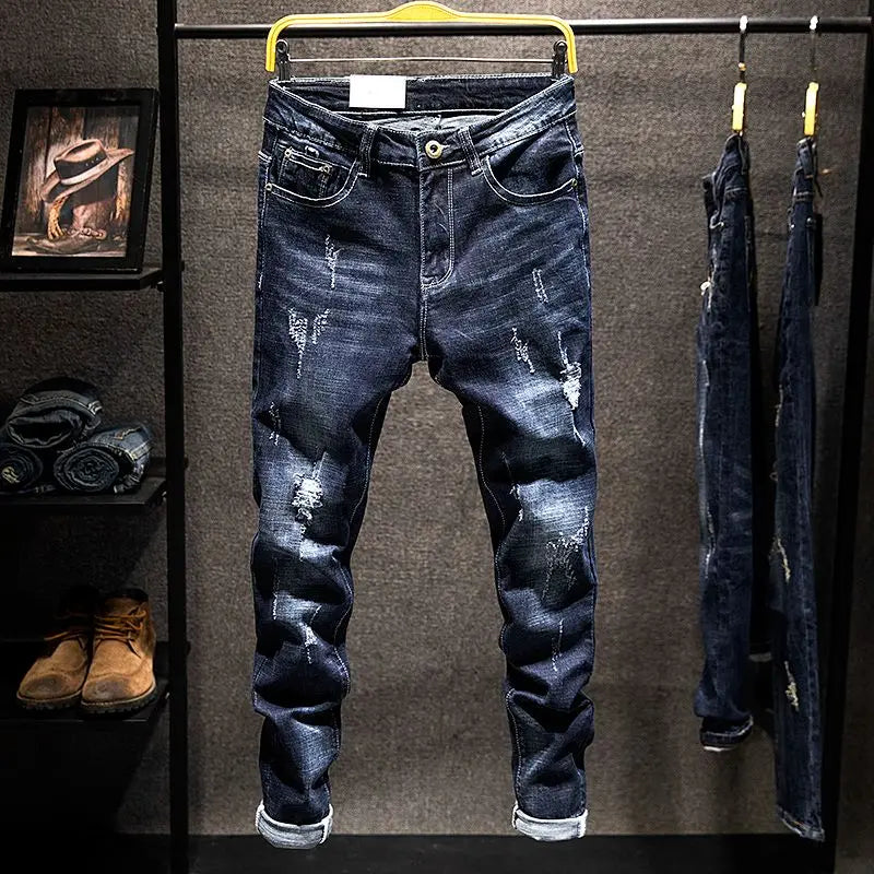 Mens Ripped Slim-Fit Denim Jeans - American Korean Style Cotton Pants - ZOOMNSTORE