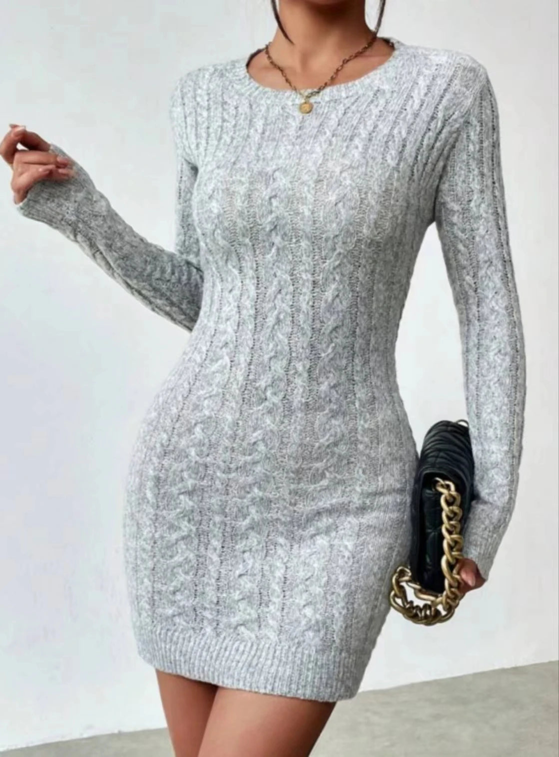 Slim Knit Crew Neck Dress - Womens Autumn Winter Short Skirt - ZOOMNSTORE