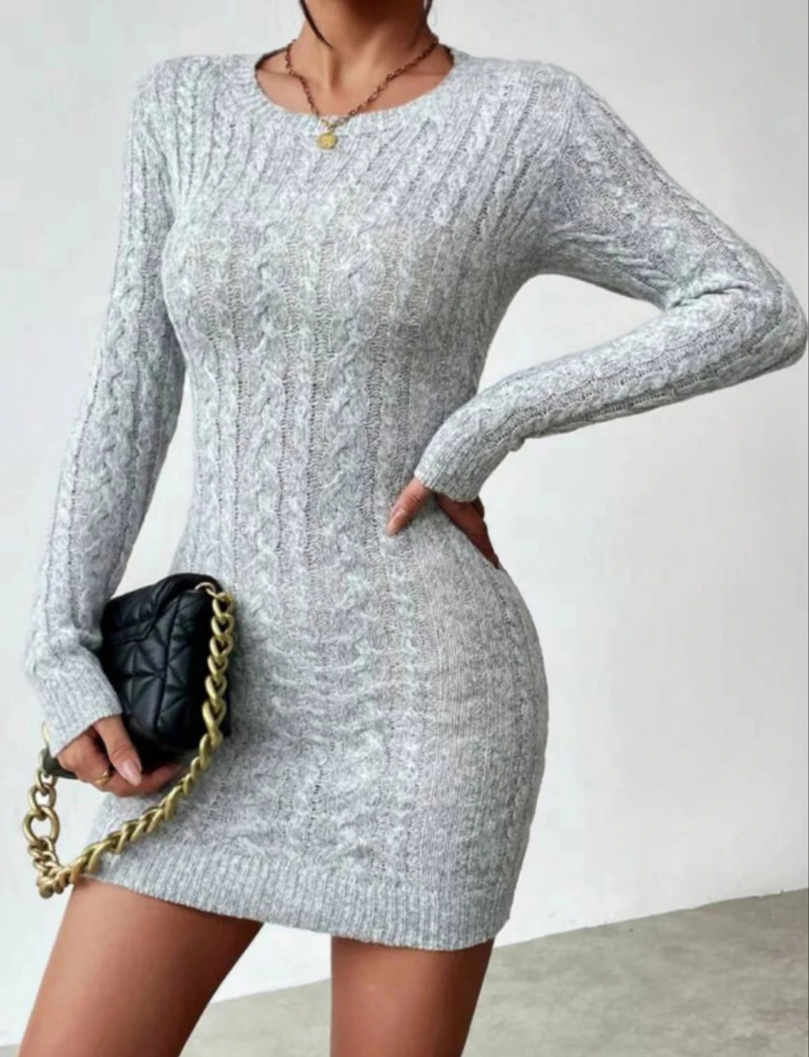 Slim Knit Crew Neck Dress - Womens Autumn Winter Short Skirt - ZOOMNSTORE