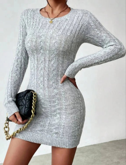 Slim Knit Crew Neck Dress - Womens Autumn Winter Short Skirt - ZOOMNSTORE