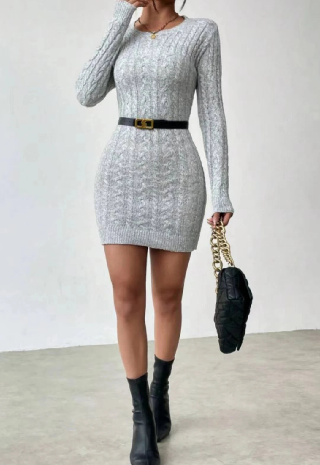 Slim Knit Crew Neck Dress - Womens Autumn Winter Short Skirt - ZOOMNSTORE