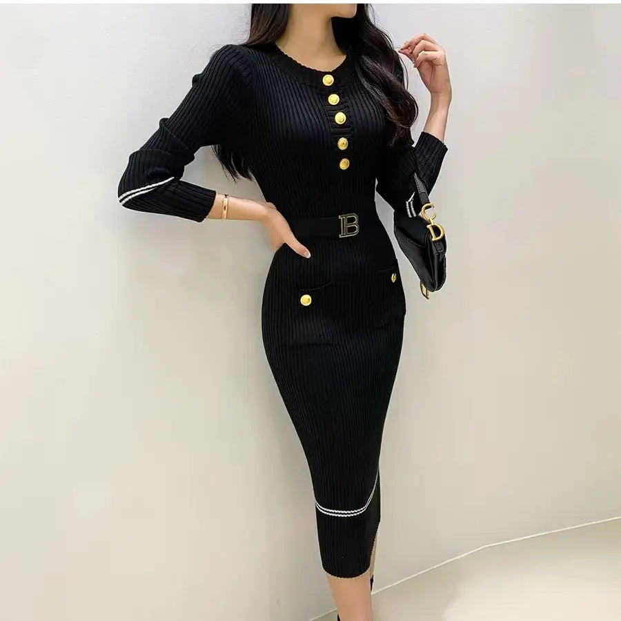 French Style Slim Fit Dress - Autumn Winter Round Collar Wrap Dress - ZOOMNSTORE