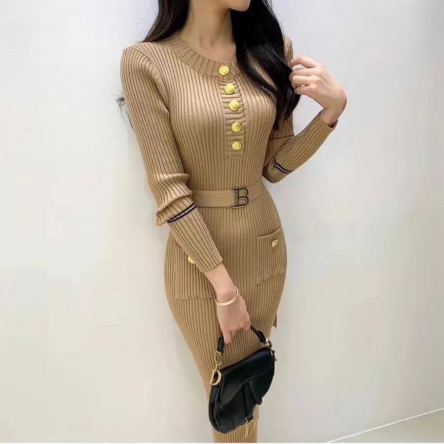 French Style Slim Fit Dress - Autumn Winter Round Collar Wrap Dress - ZOOMNSTORE