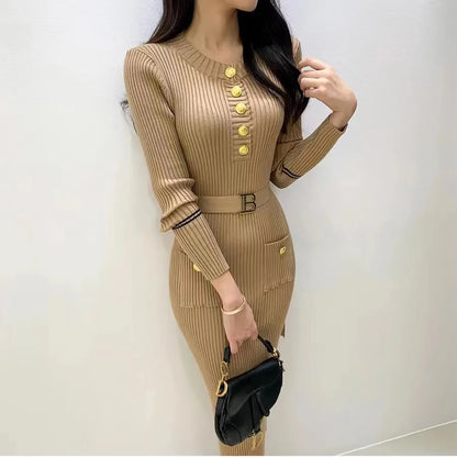 French Style Slim Fit Dress - Autumn Winter Round Collar Wrap Dress - ZOOMNSTORE