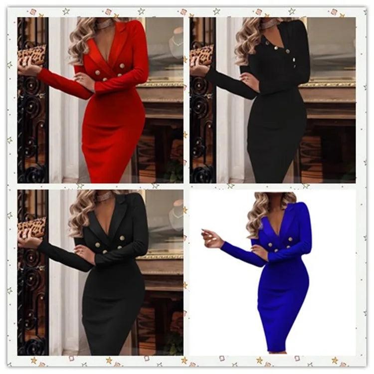 Slim Deep V-neck Long-sleeved Dress - Womens Autumn Winter Office Fashion - ZOOMNSTORE