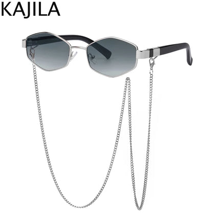 Hexagon Sunglasses with Chain - Luxury Punk Shades for Women - ZOOMNSTORE