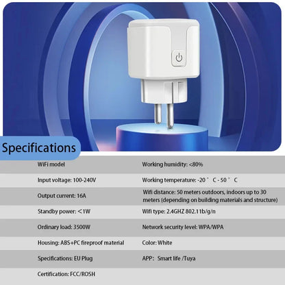 Smart Plug EU WiFi Socket 16A With Power Monitor - Voice Controlled, Alexa Compatible - ZOOMNSTORE