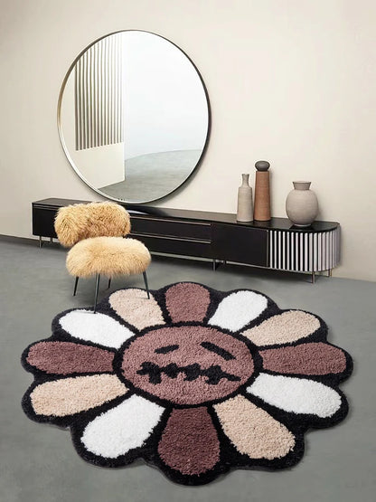 Smiling Face Tufted Rug - Retro Flower Art Mat for Bedroom  Bathroom Decor - ZOOMNSTORE