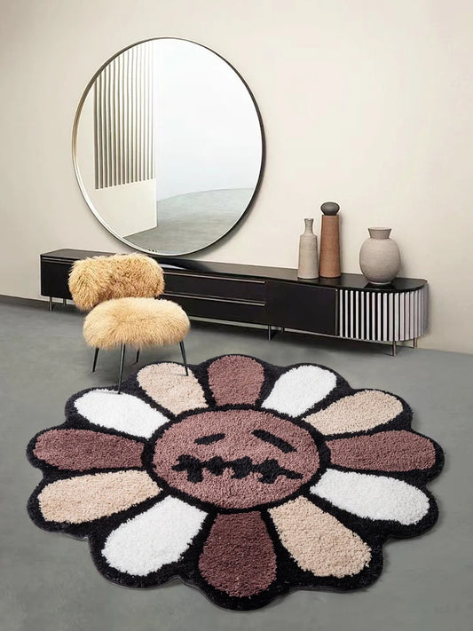Smiling Face Tufted Rug - Retro Flower Art Mat for Bedroom  Bathroom Decor - ZOOMNSTORE