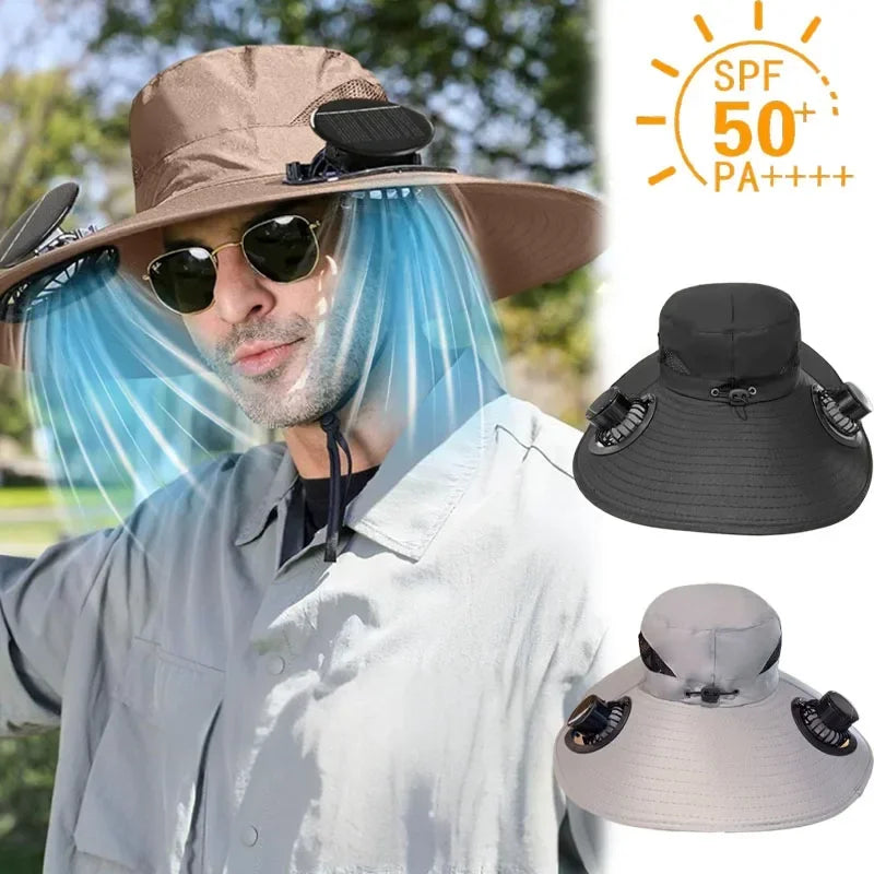 Large Quick Dry Bucket Hat with Solar Fan - USB Charging Sun Hat for Outdoor Activities - ZOOMNSTORE