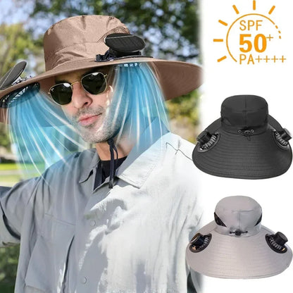 Large Quick Dry Bucket Hat with Solar Fan - USB Charging Sun Hat for Outdoor Activities - ZOOMNSTORE