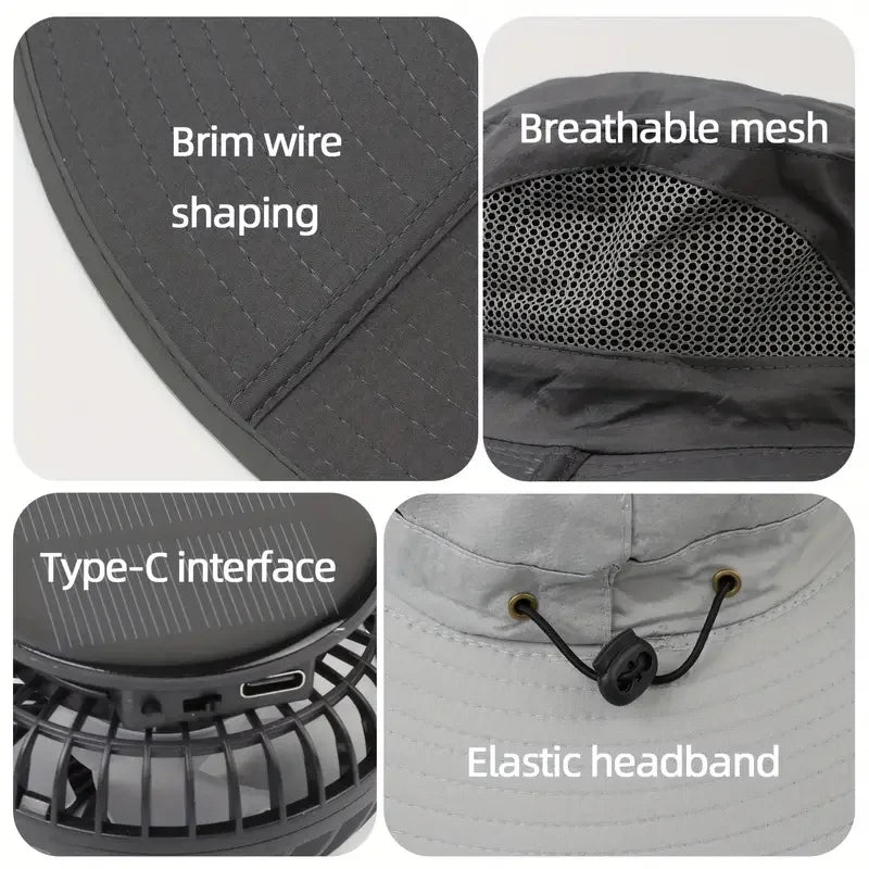 Large Quick Dry Bucket Hat with Solar Fan - USB Charging Sun Hat for Outdoor Activities - ZOOMNSTORE