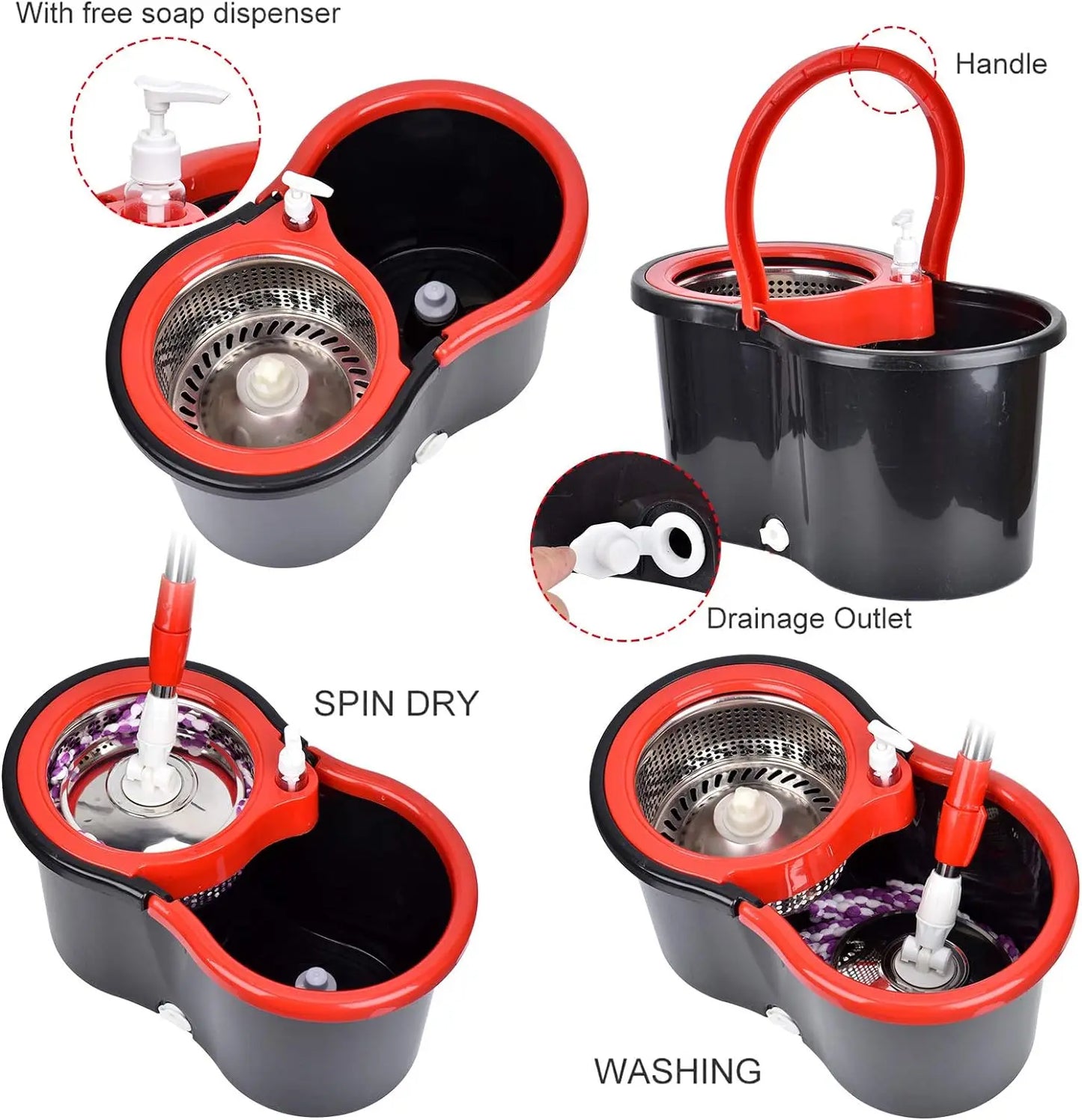 360 Spin Mop Set - Microfiber Heads  Stainless Steel Bucket with Extended Handle - ZOOMNSTORE