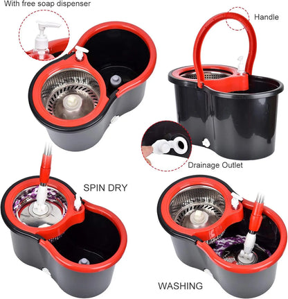 360 Spin Mop Set - Microfiber Heads  Stainless Steel Bucket with Extended Handle - ZOOMNSTORE