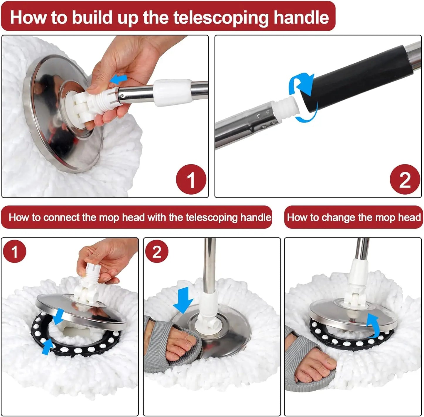 360 Spin Mop Set - Microfiber Heads  Stainless Steel Bucket with Extended Handle - ZOOMNSTORE