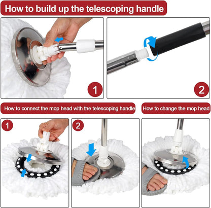 360 Spin Mop Set - Microfiber Heads  Stainless Steel Bucket with Extended Handle - ZOOMNSTORE