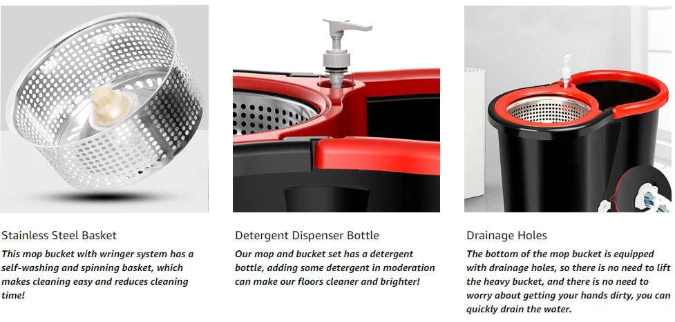 360 Spin Mop Set - Microfiber Heads  Stainless Steel Bucket with Extended Handle - ZOOMNSTORE