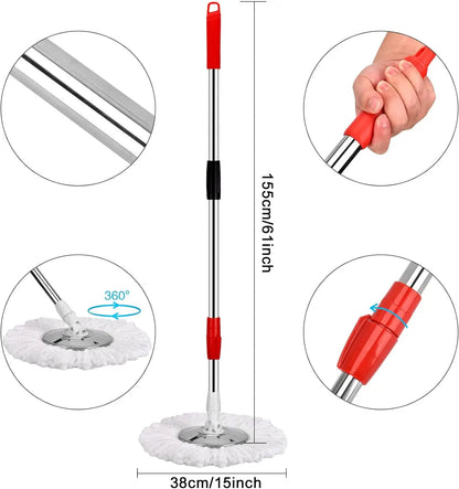 360 Spin Mop Set - Microfiber Heads  Stainless Steel Bucket with Extended Handle - ZOOMNSTORE
