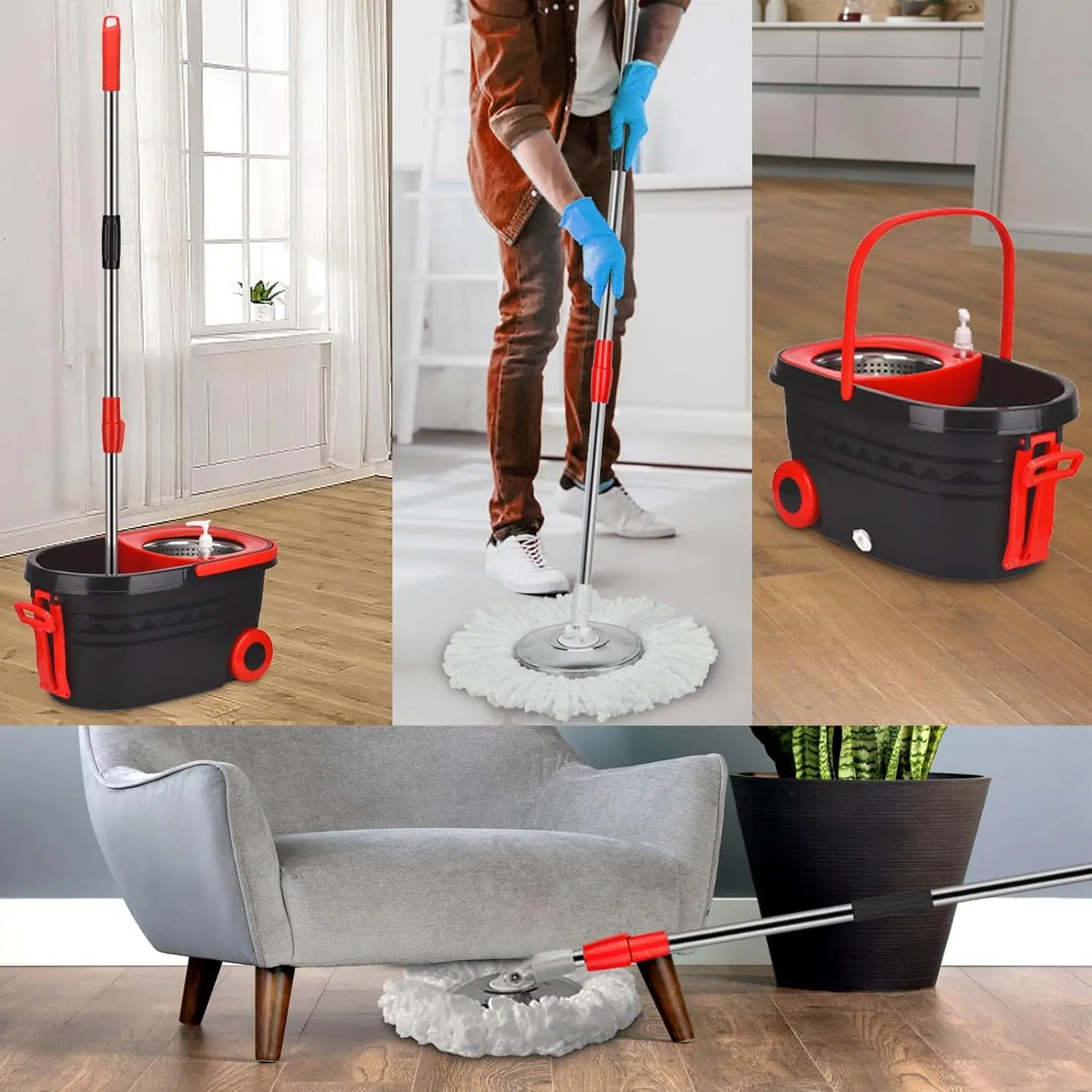 360 Spin Mop Bucket Set - Adjustable Handle with Wheels WetDry Separation - ZOOMNSTORE