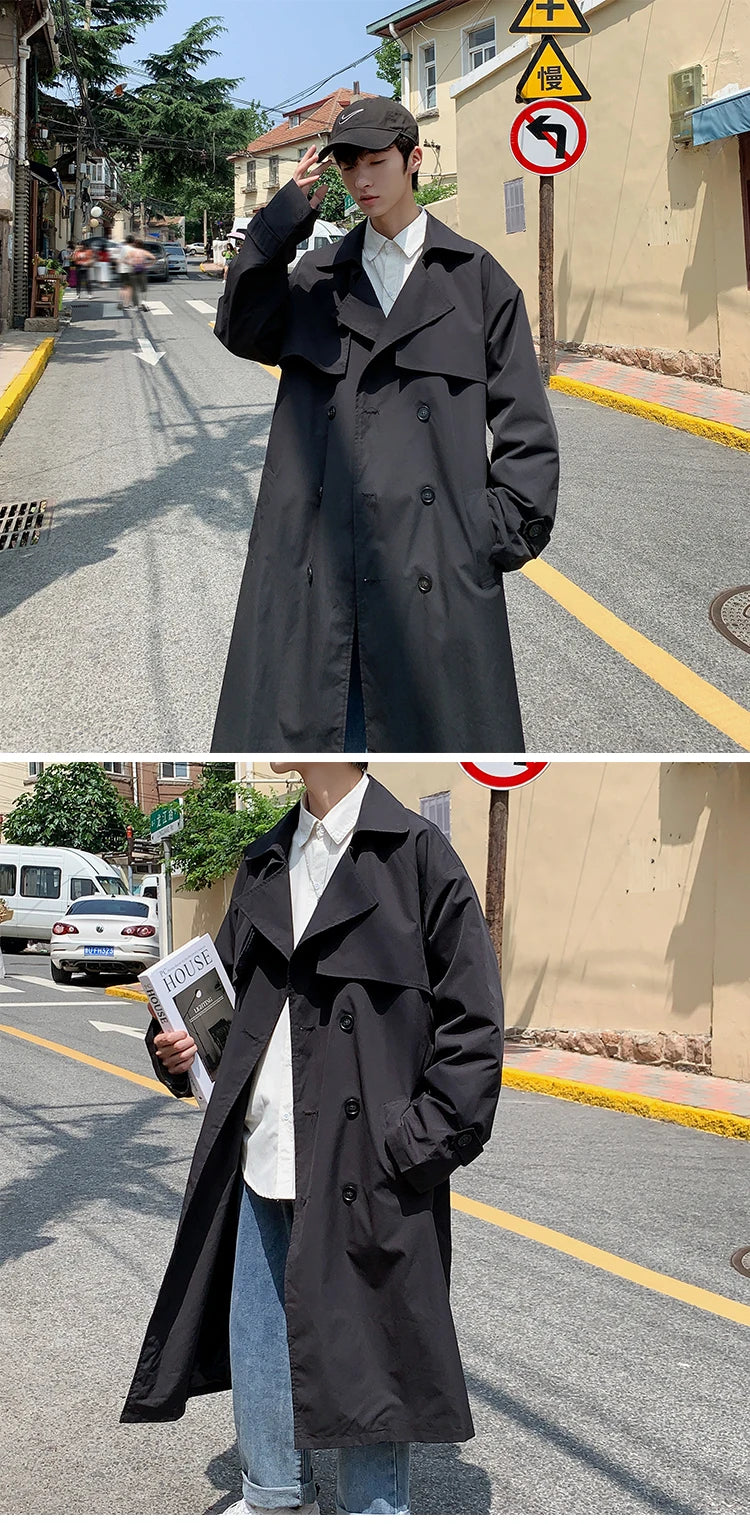 Spring Trench Coat Men | Double Breasted Business Casual Loose Overcoat - ZOOMNSTORE