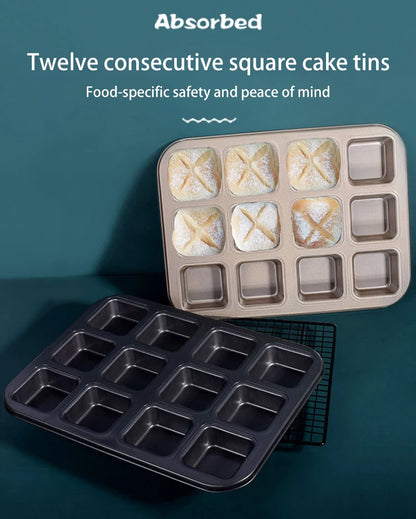 Square Cake Mold - 12 Grid Baking Pan Non-Stick Mini Bread Pan Oven Safe Tray - ZOOMNSTORE