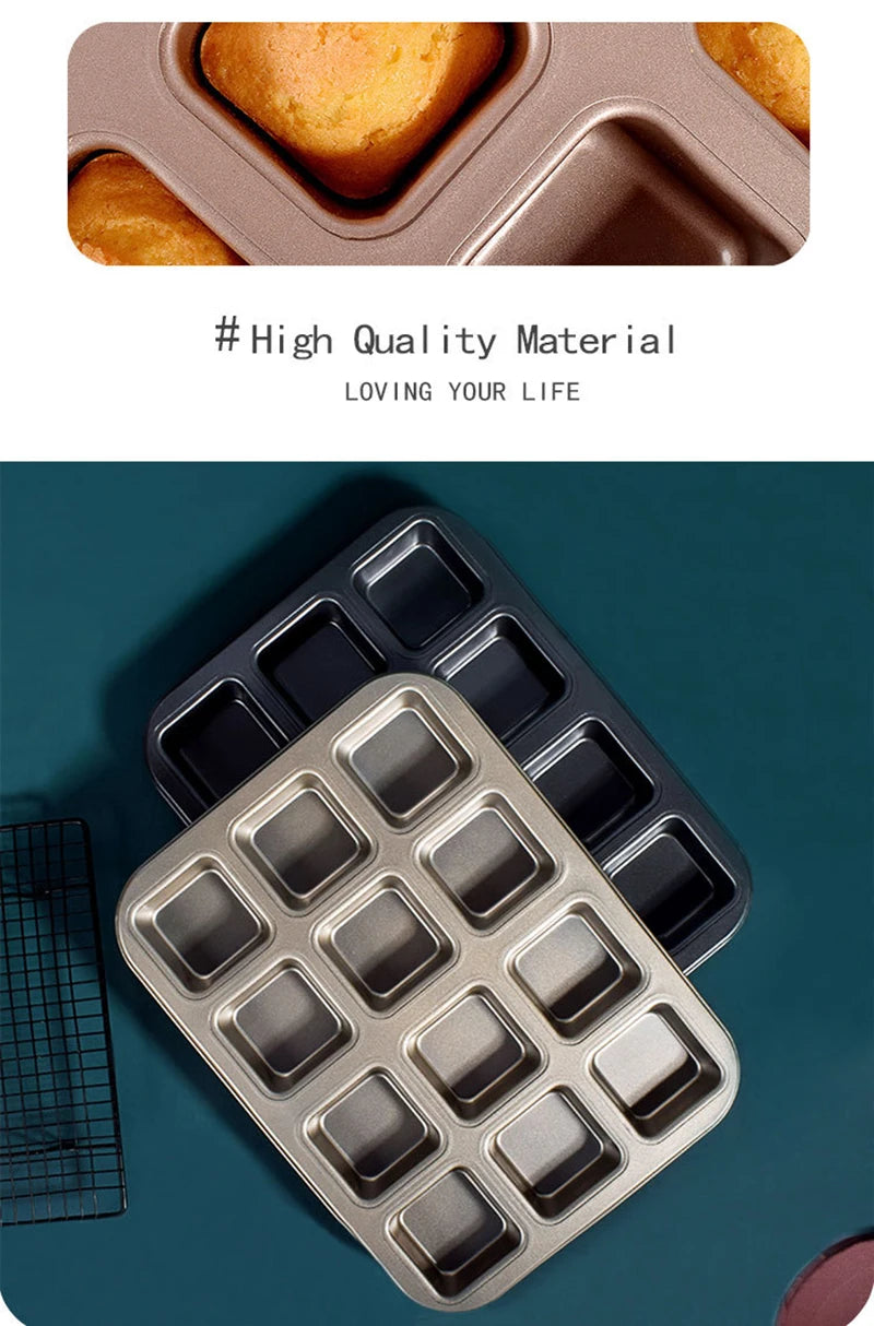 Square Cake Mold - 12 Grid Baking Pan Non-Stick Mini Bread Pan Oven Safe Tray - ZOOMNSTORE