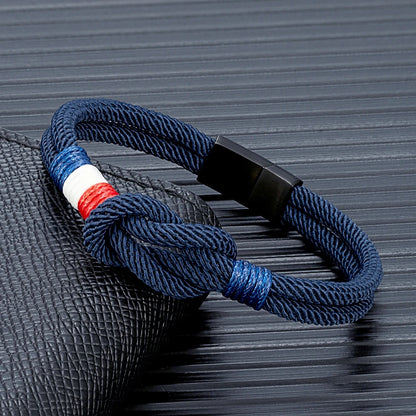 Black Stainless Steel Square Knot Rope Bracelet - Handmade Double-Layer France Flag Couple Jewelry - ZOOMNSTORE