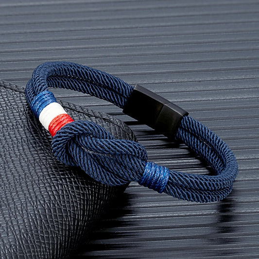 Black Stainless Steel Square Knot Rope Bracelet - Handmade Double-Layer France Flag Couple Jewelry - ZOOMNSTORE