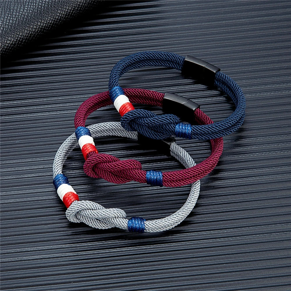 Black Stainless Steel Square Knot Rope Bracelet - Handmade Double-Layer France Flag Couple Jewelry - ZOOMNSTORE
