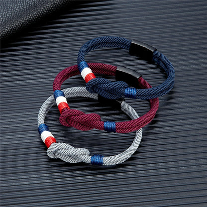 Black Stainless Steel Square Knot Rope Bracelet - Handmade Double-Layer France Flag Couple Jewelry - ZOOMNSTORE