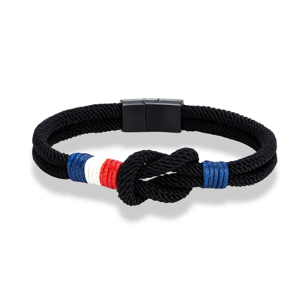 Black Stainless Steel Square Knot Rope Bracelet - Handmade Double-Layer France Flag Couple Jewelry - ZOOMNSTORE