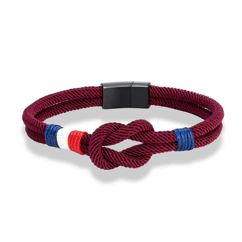 Black Stainless Steel Square Knot Rope Bracelet - Handmade Double-Layer France Flag Couple Jewelry - ZOOMNSTORE