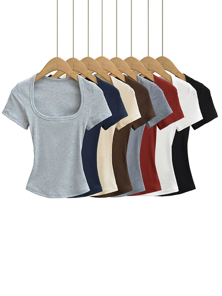 Summer Square Neck Crop Top - Womens High Elasticity Short Sleeve Pullover - ZOOMNSTORE