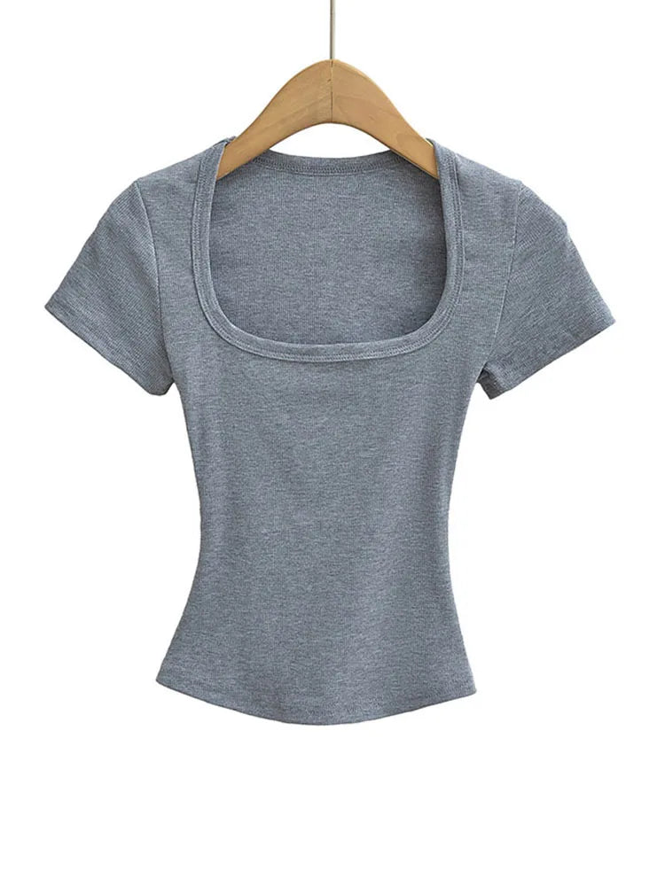 Summer Square Neck Crop Top - Womens High Elasticity Short Sleeve Pullover - ZOOMNSTORE