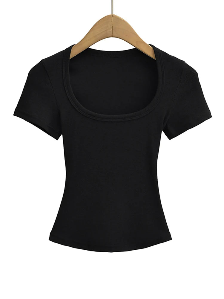 Summer Square Neck Crop Top - Womens High Elasticity Short Sleeve Pullover - ZOOMNSTORE
