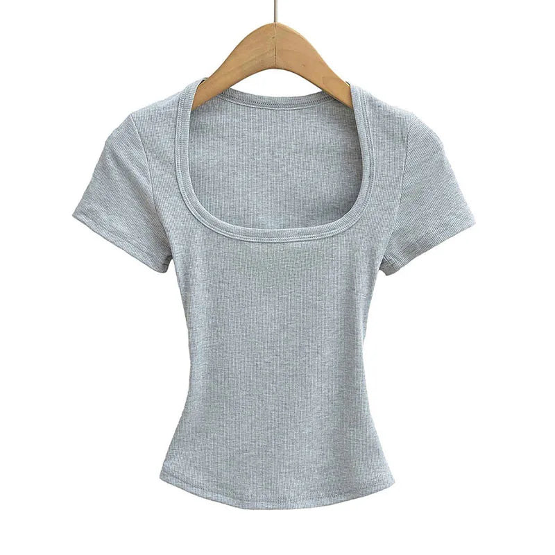 Summer Square Neck Crop Top - Womens High Elasticity Short Sleeve Pullover - ZOOMNSTORE