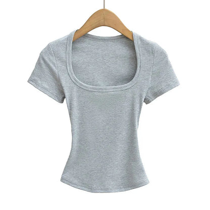 Summer Square Neck Crop Top - Womens High Elasticity Short Sleeve Pullover - ZOOMNSTORE