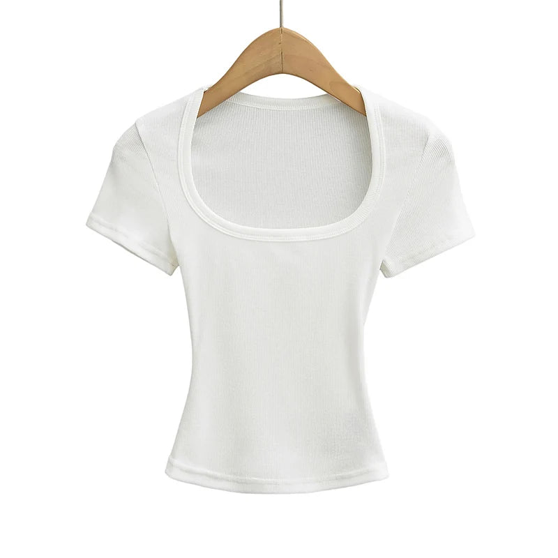 Summer Square Neck Crop Top - Womens High Elasticity Short Sleeve Pullover - ZOOMNSTORE