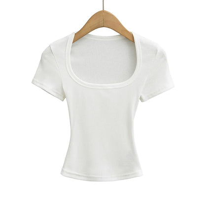 Summer Square Neck Crop Top - Womens High Elasticity Short Sleeve Pullover - ZOOMNSTORE